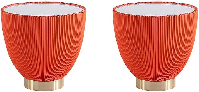 Manhattan Comfort Anderson Modern 18.43" Round End Table 2.0 - Ceramic Marble Tabletop, Elegant Pleated Leatherette Design & Gold Stainless Steel Base, Fully Assembled, Set of 2, Orange