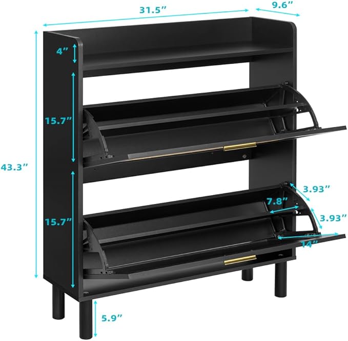 Finnhomy Extended Shoe Cabinet with Natural Rattan Flip Drawers for Entryway, Free Standing 2 Tier Slim Shoe Organizer with Large Top Board, Shoe Cabinet with 3-Gear Adjustable Width Drawers, Black
