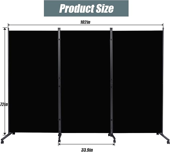 Room Divider Portable Partition Room Dividers and Folding Privacy Screens Fabric Panel Wall Divider for Room Separation, Freestanding Fabric Room Divider Panel/Wheels (Matte Black, 3 Panel-102'')