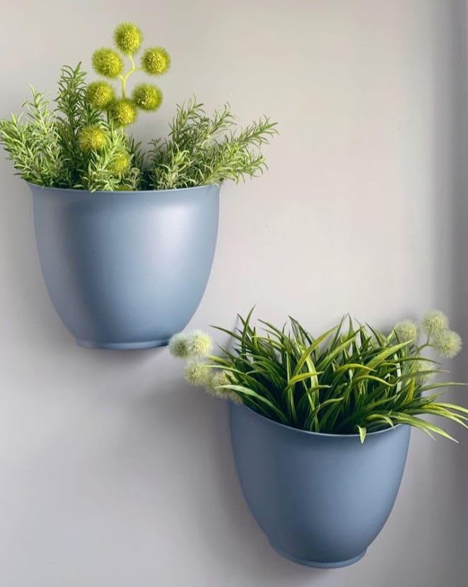 The HC Companies 8 Inch Garden Wall Planter - Plastic Hanging Plant Pot for Indoor Outdoor Flowers, Herbs, Slate Blue (Pack of 2)