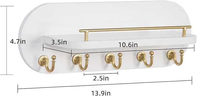 SANY DAYO HOME Key Holder Wall Mount White Wood Entryway Rack with 5 Gold Hooks, Metal Shelf Guardrail for Key Organizer, Living Room Decor (Oval, 14" x 5")