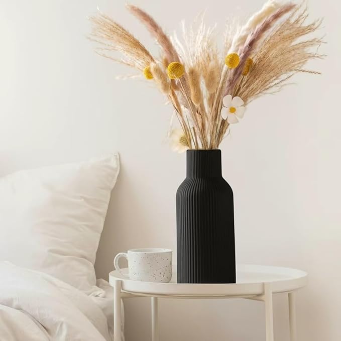 Black Ceramic Vases Set of 3, Modern Matte Round 3D Vertical Ribbed, Nordic Minimalist for Pampas Grass, Dried & Fresh Flowers, Centerpiece for Living Room, Shelf, Entryway, Wedding