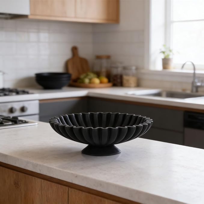 QIANLING Large Black Decorative Pedestal Bowl - Modern Resin Handcrafted Decorative Fruit & Key Bowl for Home Decor, Entry Table, Kitchen Counter, Coffee Table, Side Table, Living Room Accent