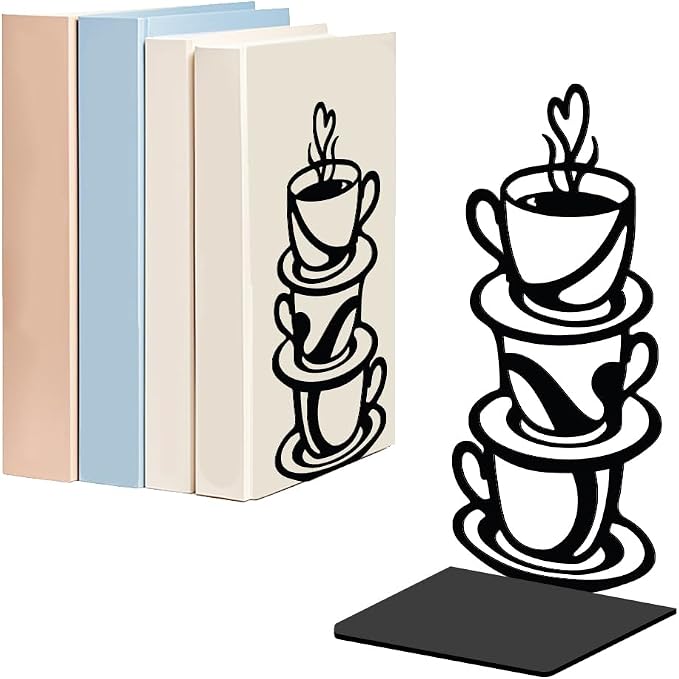 WADORN 1 Pair Coffee Cup Metal Decorative Bookend for Shelves, Heavy Duty Book Ends Non-Skid Books Holder Stand Black Book Support Stopper for Coffee Books Desk Bookshelf Office Home, 5.3x4.3x7.9 Inch