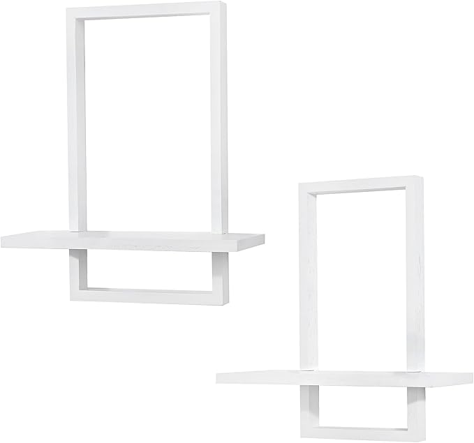 PHOENANCEE Square Wall Shelf,Framed Floating Shelves Set of 2,Decorative Plants Hanging Display Chic for Living Room Bedroom Bathroom Home Office,Soild Wood,L+S,White