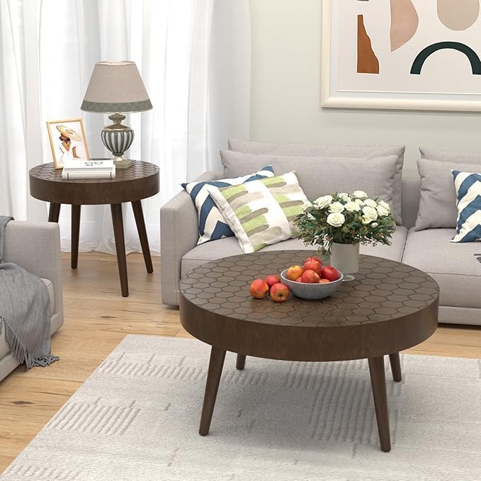 COSIEST Round Coffee Table Set of 2, Nesting Tables with Honeycomb Pattern, Modern End Table for Living Room, Farmhouse, Brown