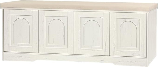 DINZI LVJ Shoe Bench, Entryway Storage Bench with Doors, Cushion, 2-Tier Shoe Rack with 8-Cubby, 47.2”L x 13.8”W Farmhouse Shoe Organizer Cabinet, Adjustable Shelf, Living Room, Bedroom, Rustic White
