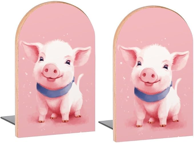 Cute Pink Pig Book Ends Decorative Wood Bookends for Shelves Kids Room Desk Home Office Book Stoppers for Magazines,Books, DVDs, 1 Pair/2 Pieces(5x3.1 in)