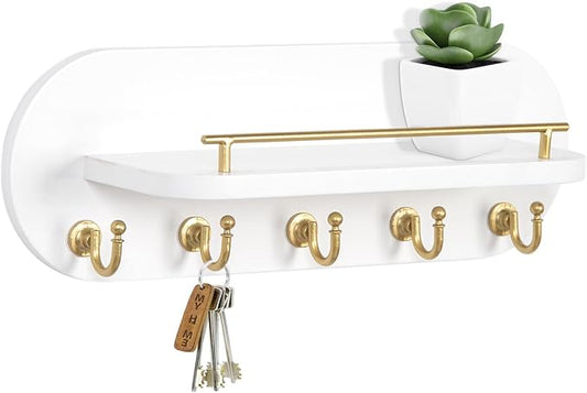 SANY DAYO HOME Key Holder Wall Mount White Wood Entryway Rack with 5 Gold Hooks, Metal Shelf Guardrail for Key Organizer, Living Room Decor (Oval, 14" x 5")