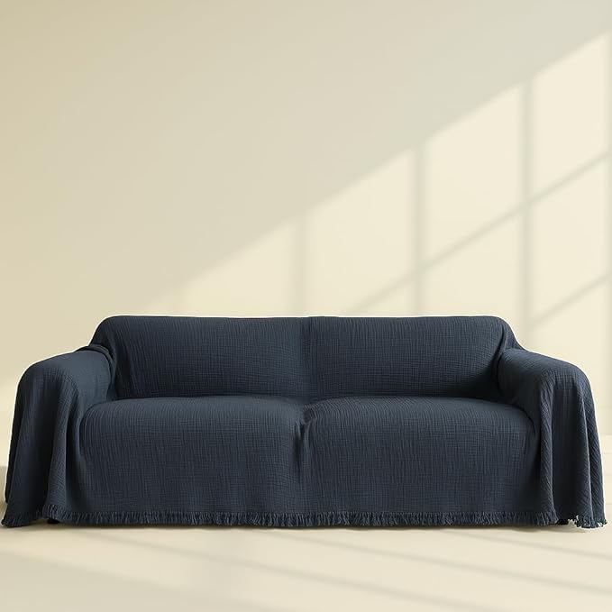 Oversize Sofa Cover %100 Pure Cotton, Gauze Couch Covers for 4 Seater, Sectional Sofa, Extra Large 4 Layered Muslin Natural Fabric, Cloud Like Washable Couch Cover (Space Blue, 95x165" / 240x420 cm)