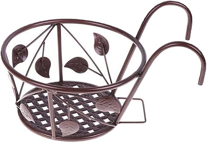 Iron Art Hanging Baskets Flower Pot Holder, Holder Plant Holder Over The Rail Metal Fence Planters for Patio Balcony Porch or Fence (1pcs Bronze Leaves)