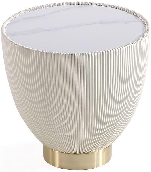 Manhattan Comfort Anderson Modern 18" Round End Table 2.0 | Ceramic Marble Tabletop, Elegant Pleated Leatherette Design & Gold Stainless Steel Base, Fully Assembled Accent Furniture, Set of 2, Cream