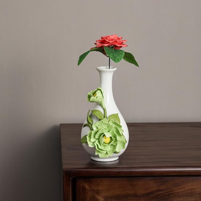 Ceramic Flower Vase Home Decor,Handmade Flowers Ceramic Aesthetic Flower for Home,Living Room,Dining Table,Farmhouse,Office Decor,Bedroom,Table and Kitchen Shelf (Green, Style B)