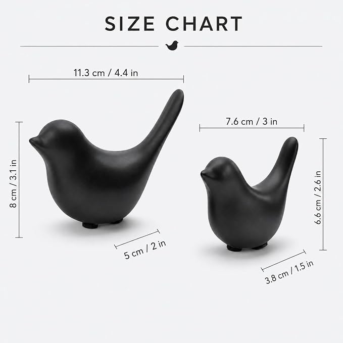 2 Pcs Ceramic Bird Figurines, Black Bird Statues for Home Decor Accents, Small Animal Sculptures for Shelf, Bookshelf, Coffee Table, Living Room, Bedroom, Office and Modern Table Decor
