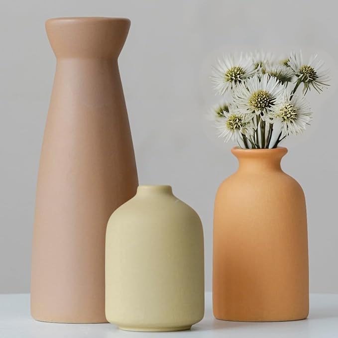 Distressed Ceramic Vase Set of 3, Modern Bohemian Farmhouse Home Decor, Pampas Grass Dried Flowers Vases for Living Room, Dining Room, Bedroom, Kitchen, Bathroom, Office, Entryway (Brown Mix)