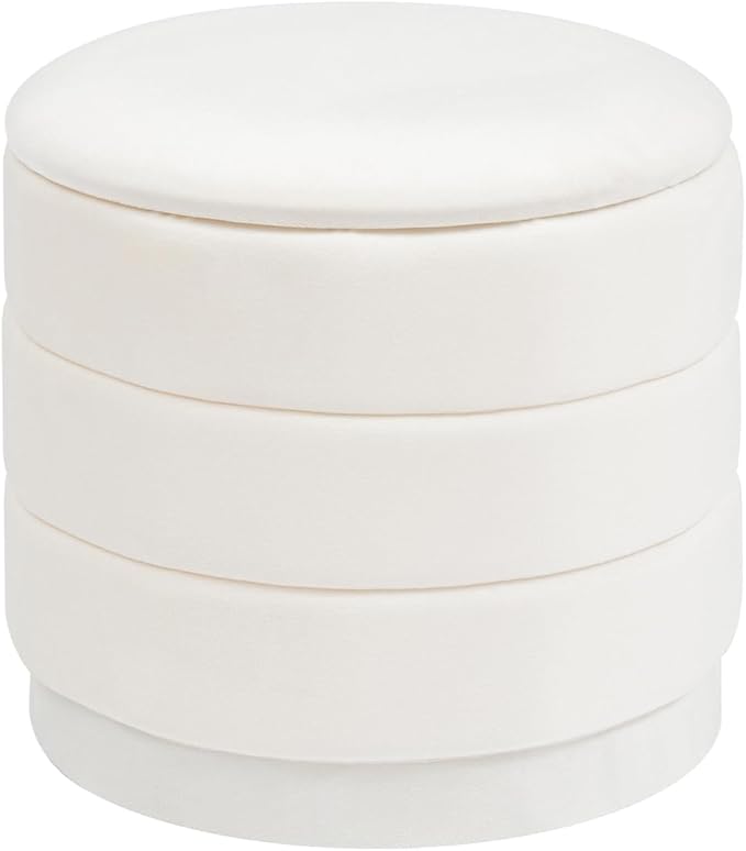 15" Upholstered Round Velvet Ottoman with Storage | Foldable Foot Rest Ottoman with Wooden Tabletop, Decorative Home Furniture for Living Room & Bedroom-White