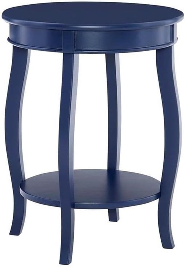 BOWERY HILL Modern Round Wood Accent Side Table, Navy Blue Finish, 18 in x 18 in x 24 in, MDF Construction, Bottom Shelf Storage, Cabriole Tapered Legs, Functional Nightstand or Living Room Table