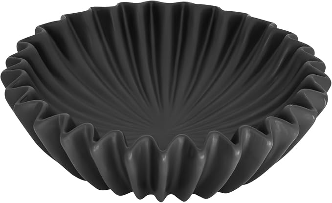 Large Ceramic Fruit Bowl Black Decorative Bowl for Coffee Table Entryway Kitchen Modern Home Decor Centerpiece 9.5 Inches Ruffle Fluted Scalloped Bowl