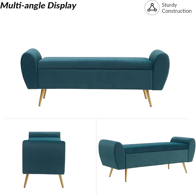 Storage Bench for Bedroom, 55" Extra Long Bench for King Size Bed, Modern Upholstered End of Bed Ottoman Bench with Arms for Entryway Living Room (Velvet, Teal/Blue-Green)