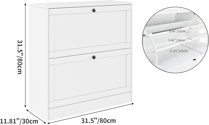 VOWNER Shoe Cabinet with 2 Flip Drawers, Shoe Storage Cabinet with 3-Tier Shoe Rack & Adjustable Shelves, Shoe Organizer for Entryway, Hallway, White