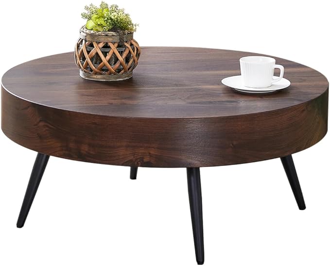 Round Coffee Table, Small Wood Coffee Table with Storage, Modern Mid Century Circle Tables Accent Center Tables for Living Room Apartment Small Space (31.5''D-Walnut)