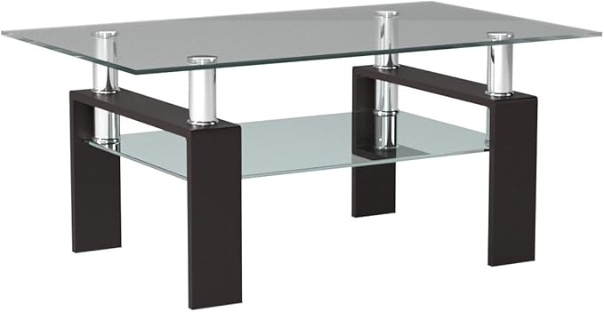 Meihua Rectangle Glass Coffee Table for Living Room, Modern Center Table Metal Tube Legs for Home Office, Brown