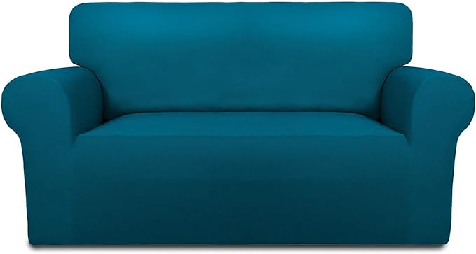 PureFit Super Stretch Sofa Slipcover – Spandex Non Slip Soft Couch Sofa Cover, Washable Furniture Protector with Non Skid Foam and Elastic Bottom for Kids, Pets （Loveseat, Peacock Blue）