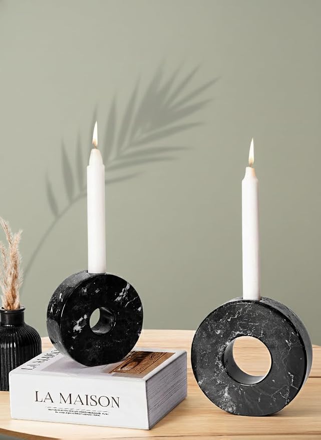Marble Taper Candle Holders Set of 2 Black Elegant Candlestick Holders for Table Decor, Living Room & Home Centerpieces, Perfect for Pillar Candles & Gifts
