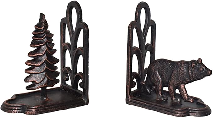 Bear Bookends Decorative, Heavy Duty Cast Iron Bookends for The Shelves, Pine Tree and Bear Statue Book End, Vintage Shelf Decor, Antique Bronze