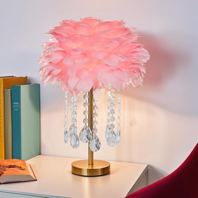 Fandian Bedside Table Feather Lamp Night Light with 3 Color Changing LED Lamp, Plug in Table Lamp for Romantic Girl Mother Bedroom Nursery Desk Decor (Pink)