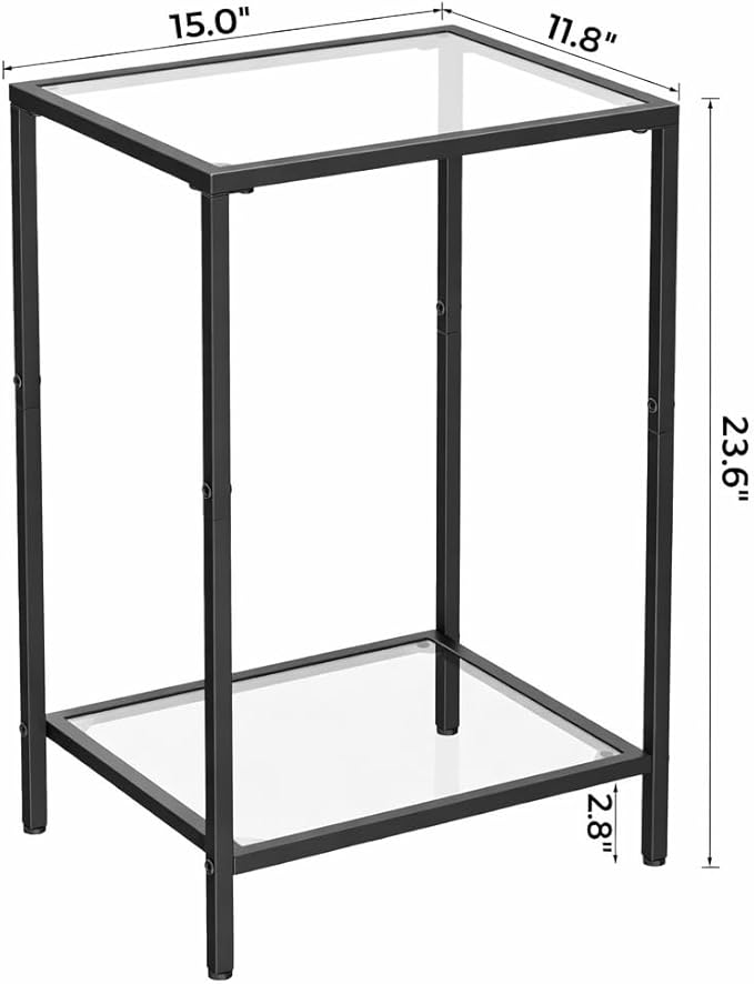 HOMSHO Side Tables Set of 2, End Tables with Tempered Glass, 2-Tier Nightstands with Storage Shelves, Coffee Table with Modern Style, Slim Sofa Table for Living Room, Bedroom, 11.8" D x 15" W, Black