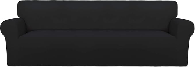 PureFit Super Stretch 4 Seater Sofa Slipcover – Spandex Non Slip Soft Couch Sofa Cover, Washable Furniture Protector with Non Skid Foam and Elastic Bottom for Kids, Pets （XX Large, Black）