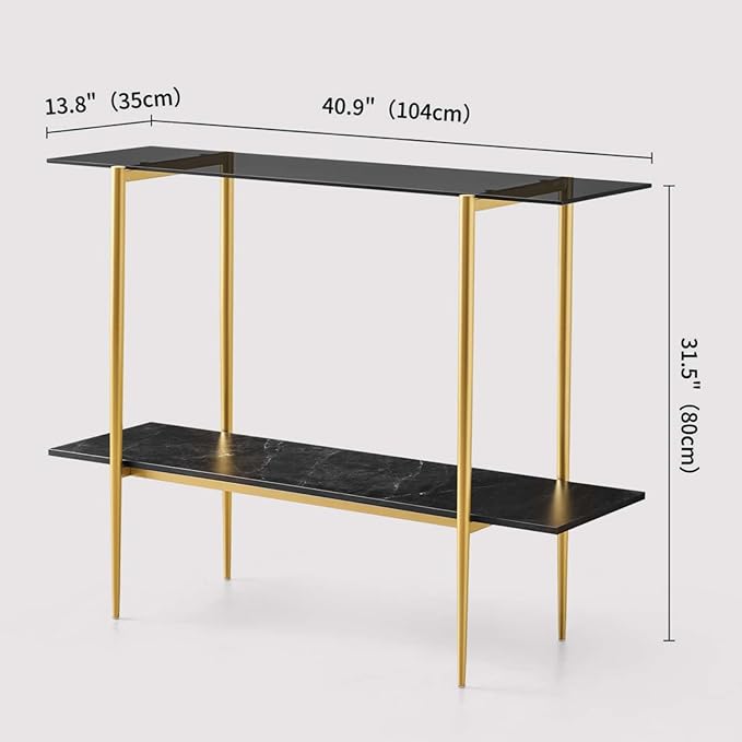 LumFurn Glass Console Table for Living Room, Foyer & Entrance, 2-Tiers Mid-Century Modern Sofa Table with Grey Glass Top, Black Marble Finish Wood Shelf and Gold Finish Frame
