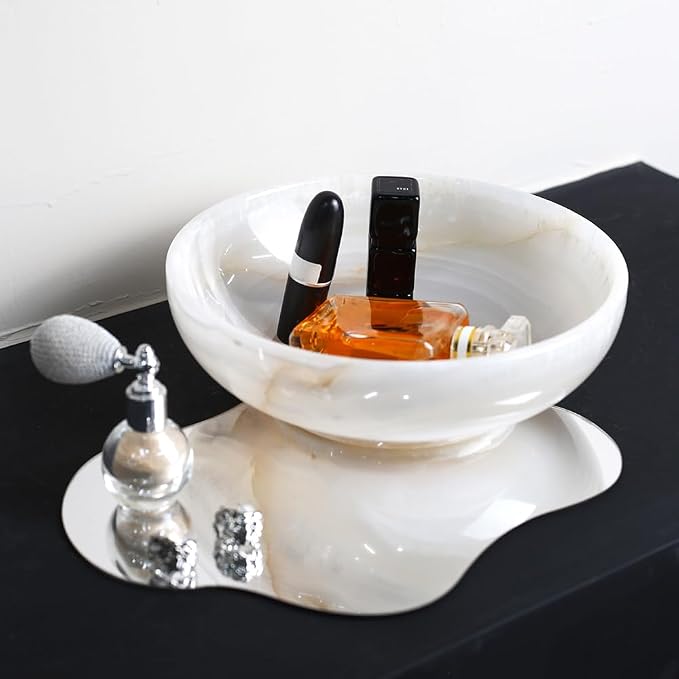 Luxury Decorative Marble Bowl for Home Decoration, White Onyx Key Bowl for Entryway Table, Catchall for Coins, Change, Candy, Organizer Marble Tray