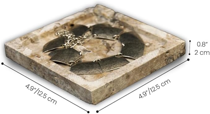 Natural Travertine Marble Square Jewelry Tray, 4.9" – Decorative Stone Accessory Dish for Rings, Earrings, Necklaces, Perfume and Keys, Gift for Women (Silver)