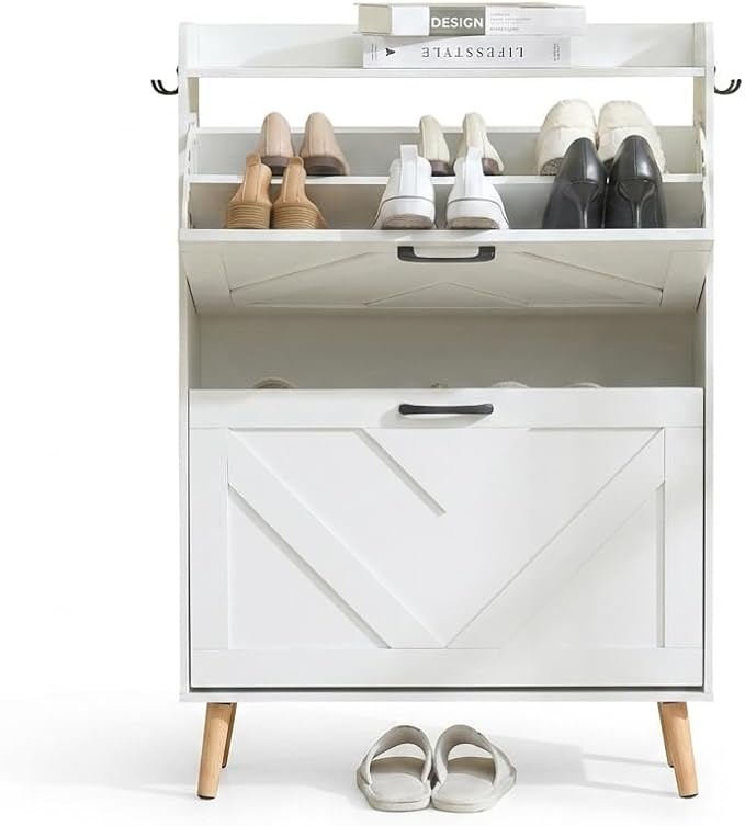 Shoe Cabinet Storage for Entryway, Narrow Slim Shoe Organizer with 2 Flip Drawers & Adjustable Shelves, Freestanding Space-Saving Shoe Rack for Hallway, Foyer (White)