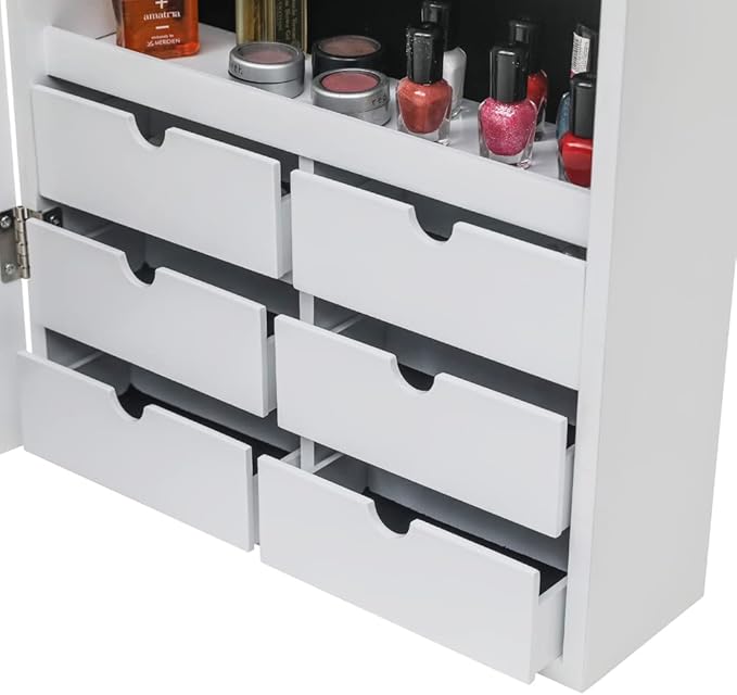 Full Length Mirror Jewelry Cabinet - 4-Layer Shelf Wall Mounted Jewelry Organizer with 8 LED Lights - Jewelry Armoire with Mirror And 6 Drawers - Wall and Door Hanging Jewelry Organizer - White