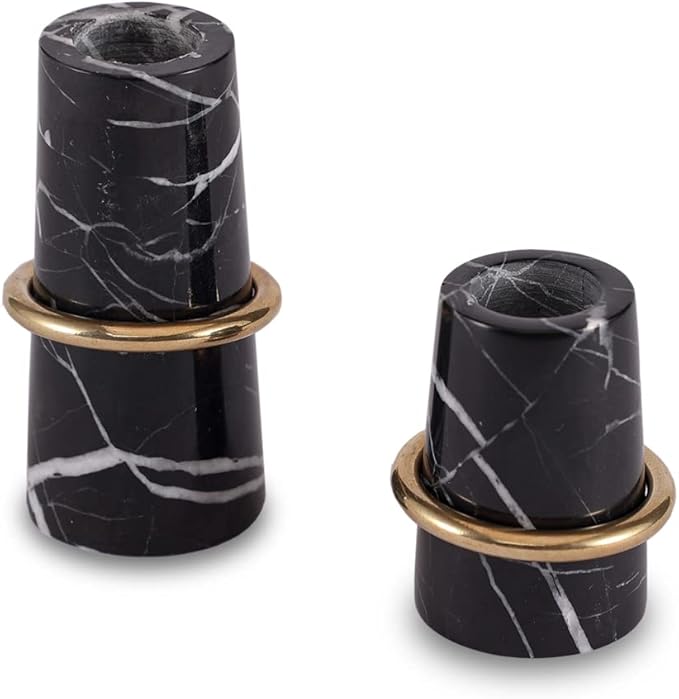 JIMEI Luxurious Marble Candle Holders Black Candlestick Holders, Set of 2 for 3/4" Taper Candles, Black and Brass Gold, Modern Candle Holders for Table Centerpiece Wedding Home Decor