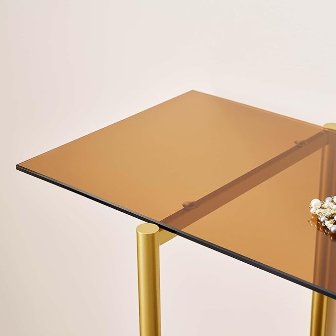 LumFurn Extra Large Glass Console Table for Living Room, Foyer & Entrance, L47 x W16 x H31, Mid-Century Modern Sofa Table with Amber Glass Top, Walnut Finish Wood Top and Gold Finish Metal Frame
