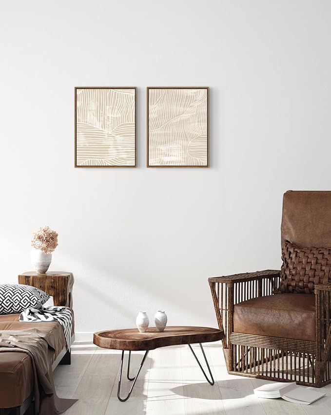 ARTZIO Framed Canvas Wall Art–Abstract Mid‑Century Minimalist Boho Vintage Set of 2 Beige Prints,Ready to Hang for Living Room,Bedroom, Bathroom & Office–12×16″