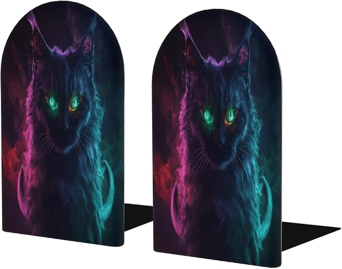 Funny Black Animal Cat 2Pcs Book Ends for Shelves Non-Skid Wood Bookends Decorative Back to School Books Holders Book Stoppers Bookshelf Accessories for Desk Home Office School Decor (1 Pair)