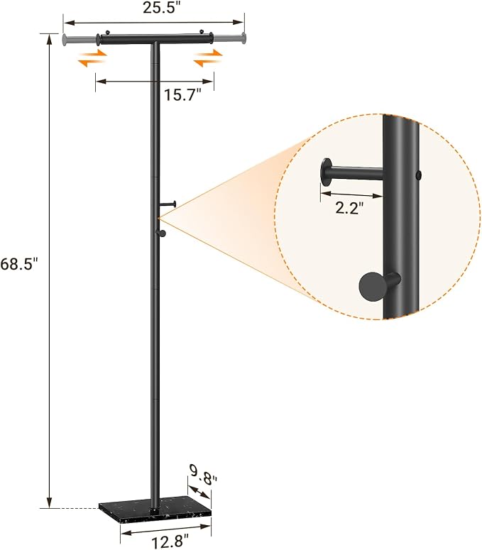 ELYKEN Coat Rack Freestanding with Natural Marble Base, Width Adjustable T-shaped Metal Coat Tree with 2 Hooks, Modern Coat Rack Stand for Jacket, Clothes & Bag, Hall Tree for Entryway, Bedroom, Black