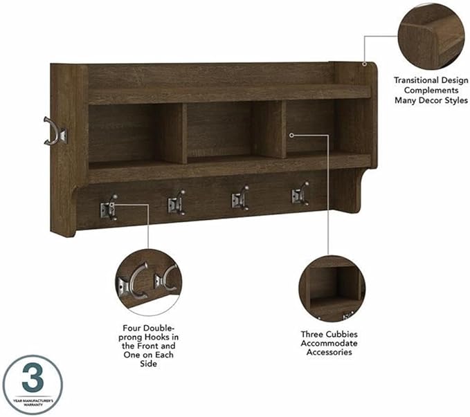 Bush Home Woodland 40W Wall Mounted Coat Rack with Shelf in Ash Brown | Cubbies and Hooks for Entryway, Mudroom, Foyer Storage