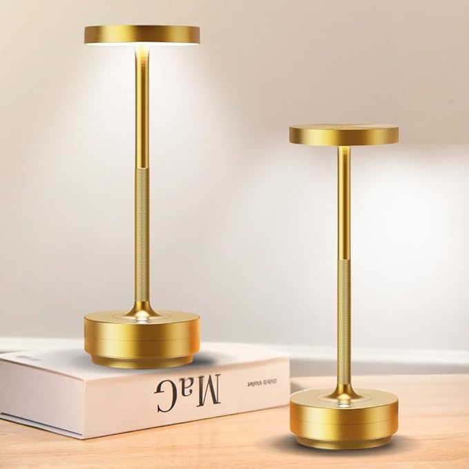 2-Pack Cordless Table Lamp Rechargeable, 5000mAh Battery Operated LED, Touch 3-Color Stepless Dimming, IP54 Waterproof Wireless Lamp for Bedroom Dining Restaurant Patio Outdoor – Gold