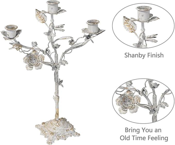 Vintage Rustic Iron Taper Candle Holder 3 Arms Flower Metal Candelabra Distressed White Candlestick for Centerpiece Table Mantel Handmade Candle Stick Stand for Wedding Dining Party Home Xmas Decor