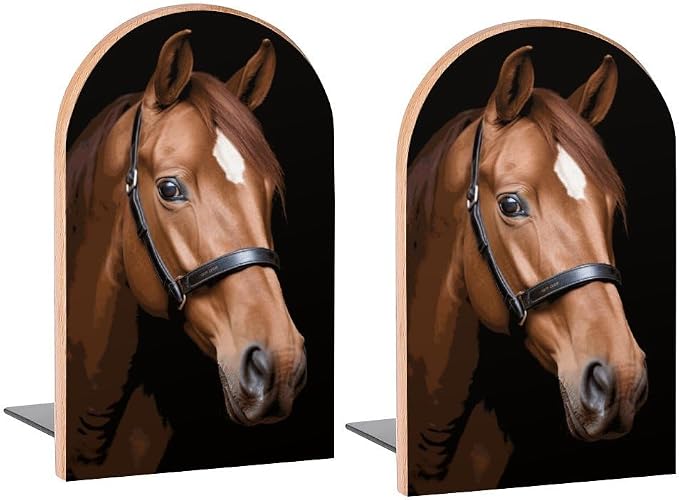 Smart Brown Horse Book Ends Decorative Wood Bookends for Shelves Kids Room Desk Home Office Book Stoppers for Magazines,Books, DVDs, 1 Pair/2 Pieces(5x3.1 in)