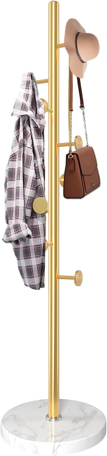 Modern Metal Coat Rack Stand, Coat Rack Freestanding with Natural Marble Base, Sturdy Heavy Duty Coat Racks with 8 Hooks, Golden Coat Hall Tree Stand for Entryway, Office