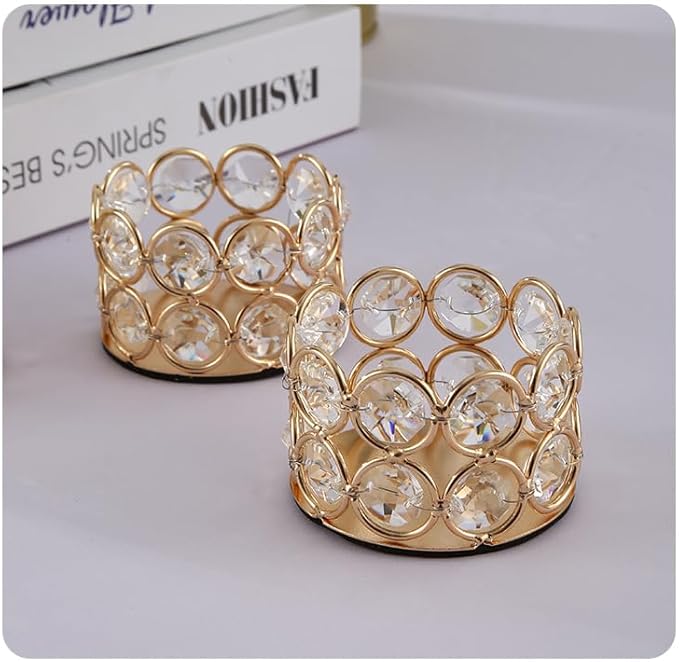 Crystal Tea Light Candle Holders，Gold Candlestick Holders for Wedding Party Table Decoration Housewarming Gift（2pcs）