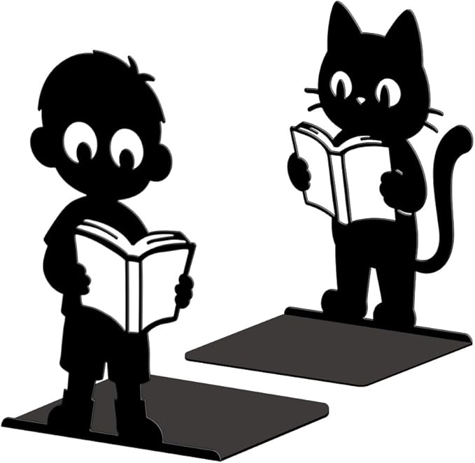 Peacoblue Metal Bookends for Shelves, Modern Decorative Heavy Duty Study Book Ends Stoppers for Office Desk Shelf, Room 5.3"x4.3"x7.6" Cast Iron Tall Bookends 1 Pair (Boy with Cat and Book)