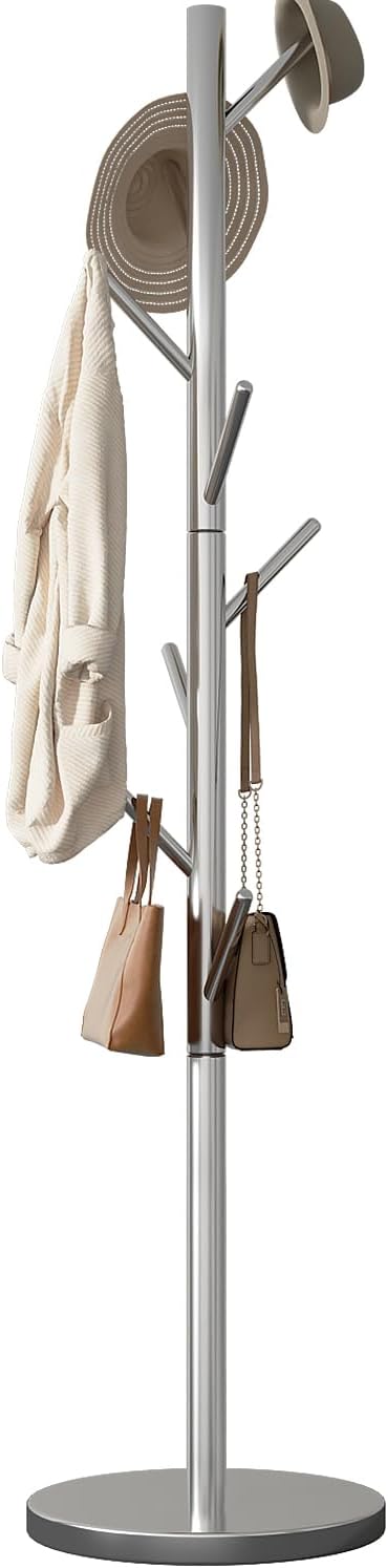 Coat Rack Freestanding Metal Coat Rack Stand with 8 Hooks Sturdy Heavy Duty Modern Coats Tree for Bags Clothes Hall Tree Hats Hanger Holder Stand for Entryway Bedroom Hallway Office, Silver